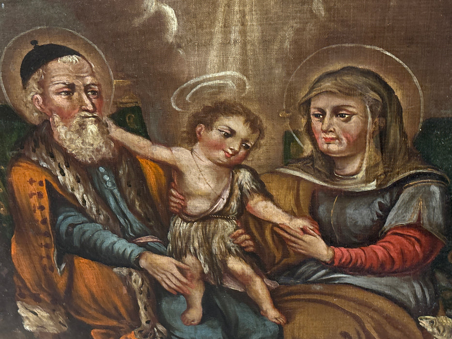 ROUND CHERUB FRAMED 18TH CENTURY OIL PAINTING OF HOLY FAMILY