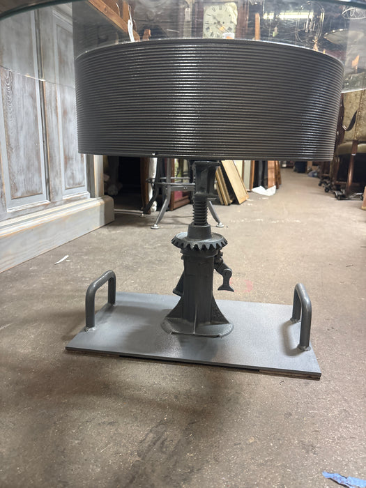 INDUSTRIAL METAL BASE COFFEE TABLE WITH ROUND GLASS TOP