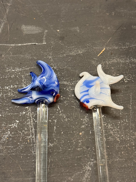 PAIR OF BLUE AND WHITE GLASSS COCKTAIL STIRS