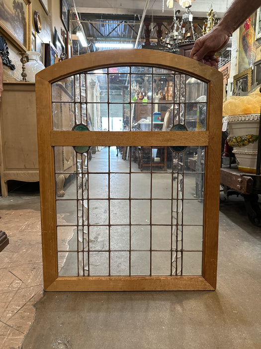 FRAMED ARCHED COPPER BOUND STAINED GLASS WINDOW AS FOUND