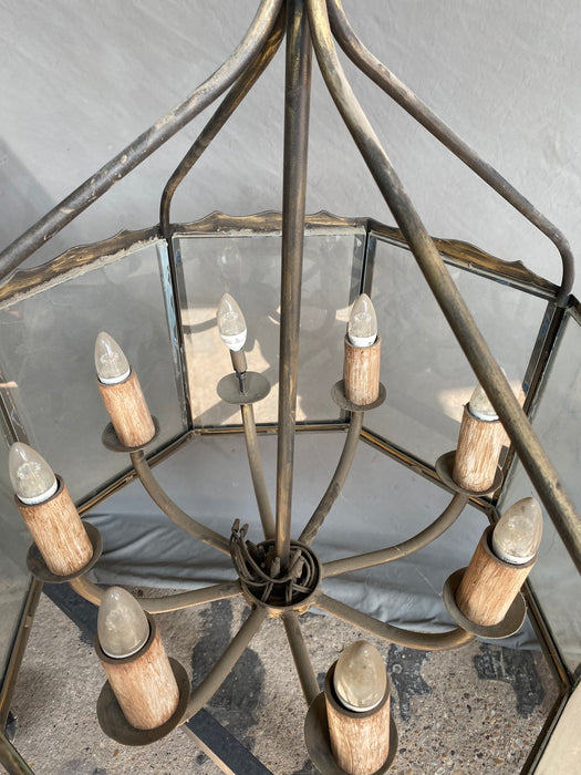 LARGE ROUND METAL CHANDELIER WITH GLASS PANELS