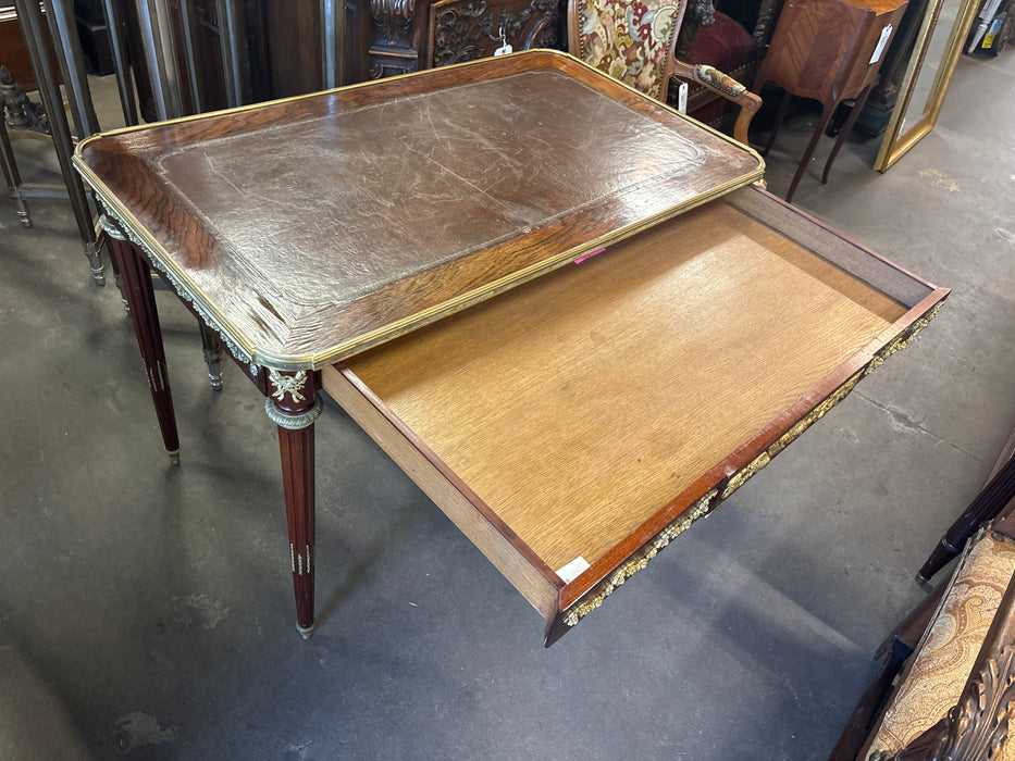 SMALL LEATHER TOP LIBRARY TABLE WITH DRAWER AND GOLD ORMOLU - AS FOUND