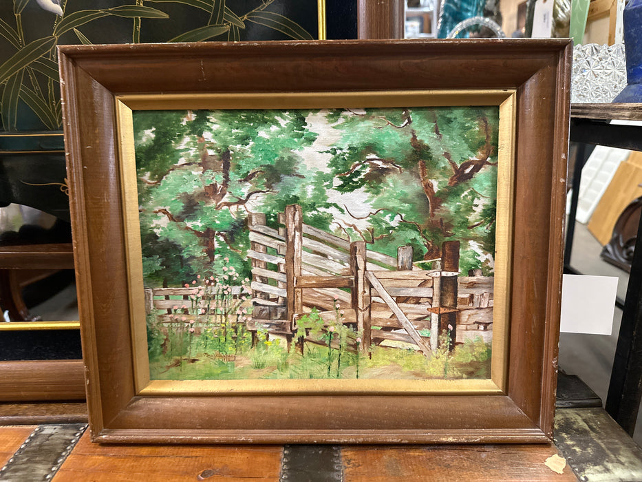 FRAMED OIL PAINTING OF A CORRAL IN THE TREES BY MAUDE WATERS