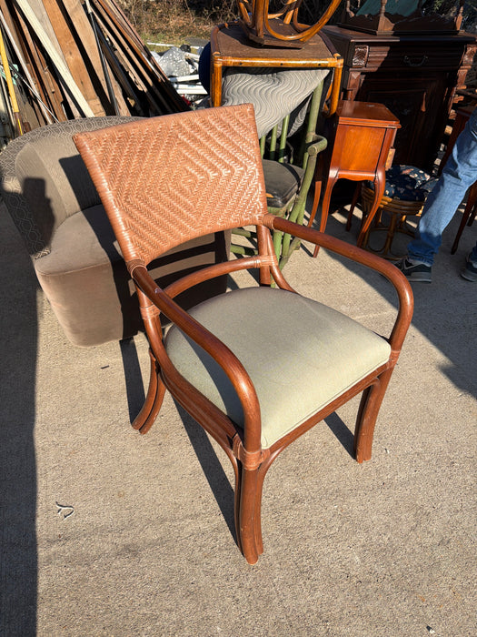 MID CENTURY BAMBOO AND RATTAN ARMCHAIR WITH GREEN UPHOLSTERY