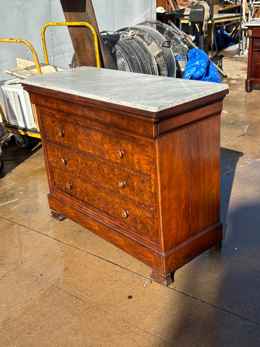 MARBLE TOP LOUIS PHILLIPE BURLED WALNUT 4 DRAWER CHEST
