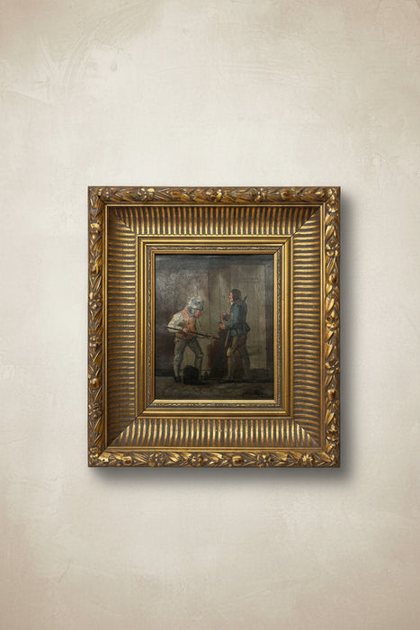 SMALL LATE 19TH CENTURY GILT FRAMED OIL PAINTING OF FRENCH MEN PAINTING WALL - SIGNED CLEVE