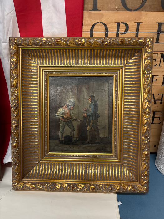 SMALL LATE 19TH CENTURY GILT FRAMED OIL PAINTING OF FRENCH MEN PAINTING WALL - SIGNED CLEVE