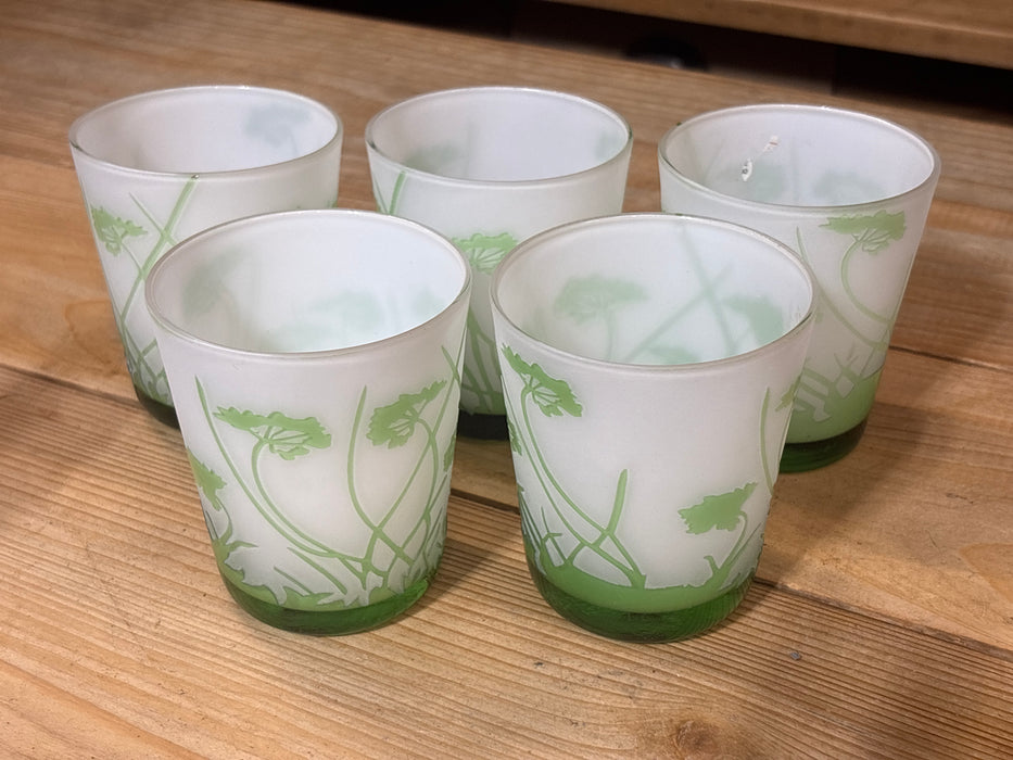 SET OF 5 GREEN FLORAL ART GLASS TUMBLERS