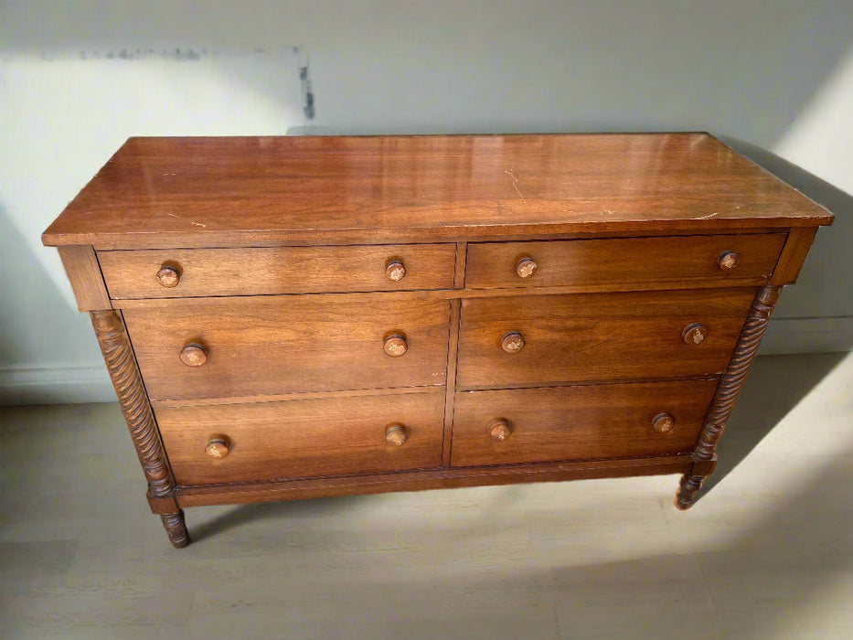 AMERICAN CHERRY 6 DRAWER DRESSER WITH ROPE TWIST PILLASTERS