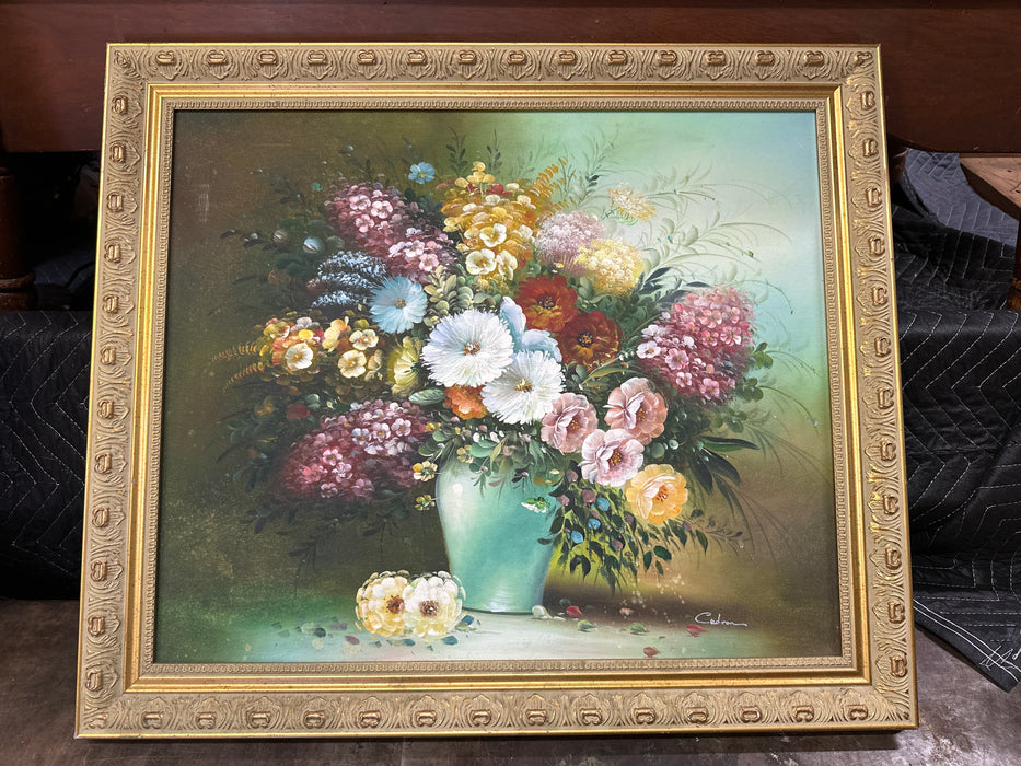 FRAMED STILL LIFE OIL PAINTING OF FLOWERS IN VASE