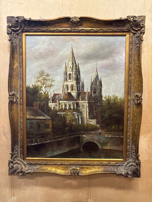 GOLD FRAMED CATHEDRAL OIL PAINTING - SIGNED MATTEI