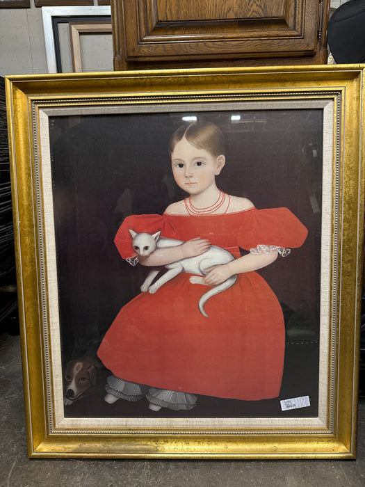 LITHOGRAPH OF A PRIMITIVE GIRL WITH CAT