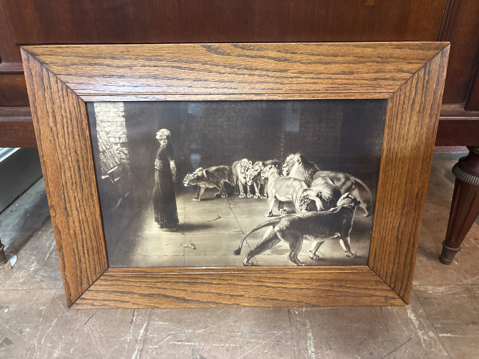 SMALL FRAMED PAINTING OF MAN WITH BACK TURNED TO PRIDE OF LIONS