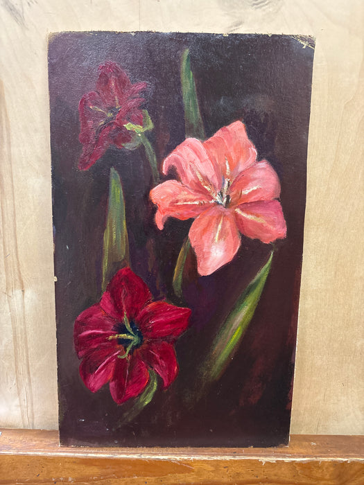 OIL PAINTING ON BOARD OF RED AND PINK LILLIES