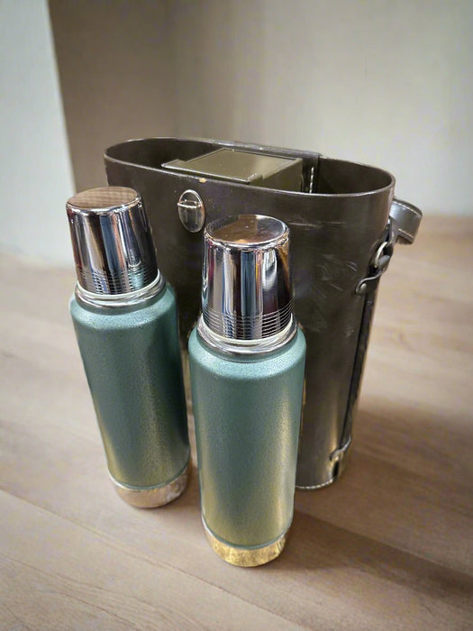 TWO THERMO BOTTLES IN LEATHER CASE