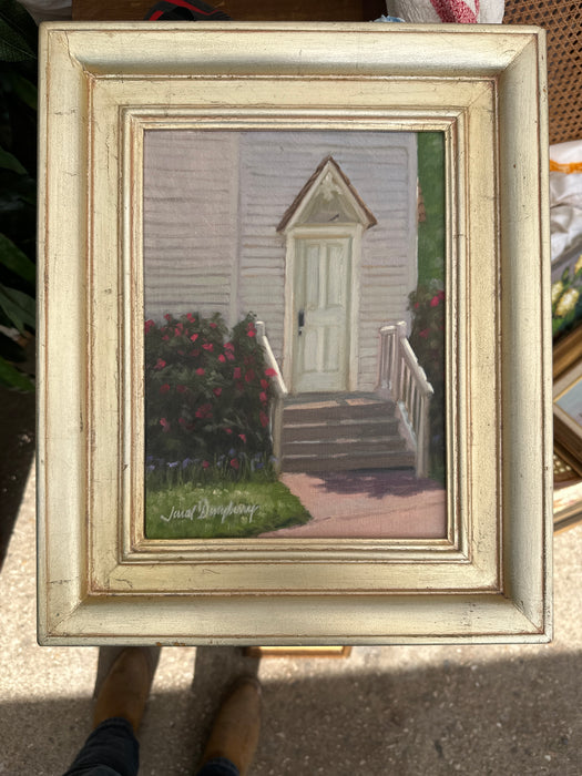 SMALL FRAMED OIL PAINTING OF A BIRD IN THE DOORWAY TITLED "THE SENTINEL" SIGNED