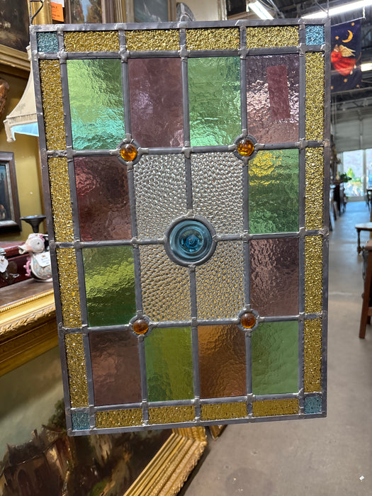 SMALL RED AND GREEN STAINED GLASS WITH BLUE RONDEL