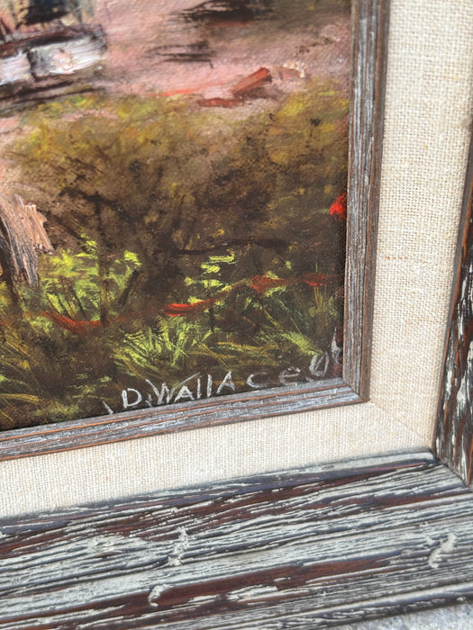 RESTORED OIL PAINTING OF DILAPITATED BARN WITH WELL - SIGNED D. WALLACE