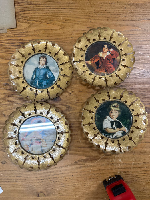 SET OF 4 CLASSIC BOY AND GIRL PRINTS IN ROUND TIN FRAMES
