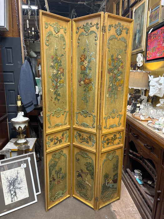 GOLD MID CENTURY 3 PANELED FLORAL SCREEN WITH PEOPLE