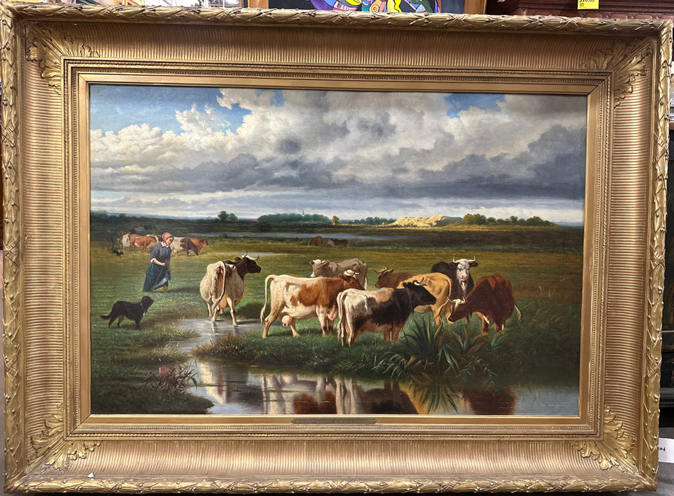 LARGE FRAMED PAINTING OF COWS BY POND