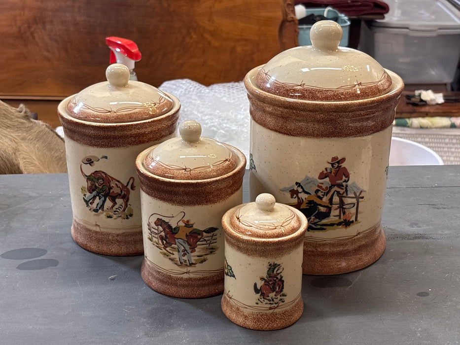 SET OF 4 POTTERY COWBOY CANNISTERS