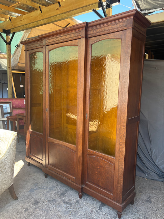 3 DOOR FRENCH OAK YELLOW GLAZED GLASS BOOKCASE