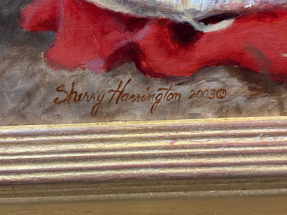 LARGE RUSTIC FRAMED OIL PAINTING OF INDIAN WOMAN - SIGNED SHERRY HARRINGTON 2003