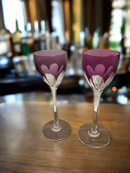 PAIR OF AMETHYST CUT TO CLEAR CRYSTAL STEMMED CORDIALS