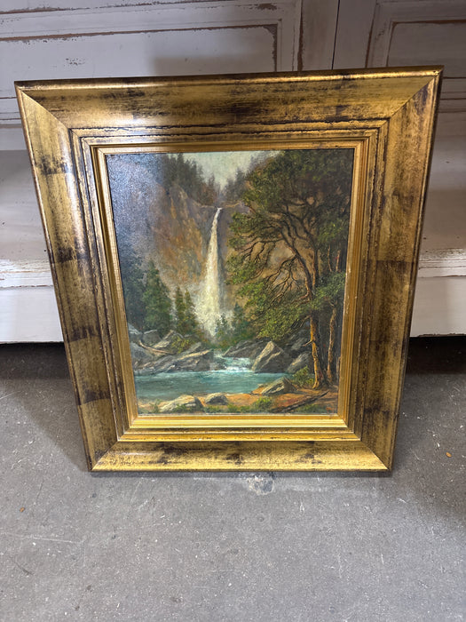 LARGE GILT FRAMED LANDSCAPE WITH WATERFALL OIL - SIGNED JERRY MALZON