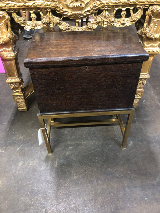 SMALL OAK BOX ON BRASS STAND