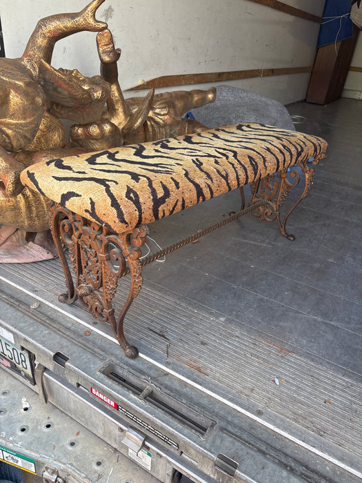 ZEBRA PATTERNED UPHOLSTERED IRON RADIO BENCH