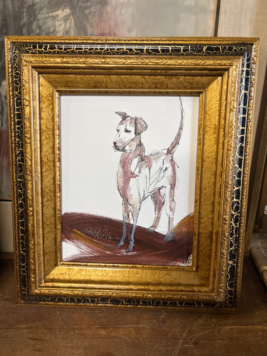 BLACK CRACKLE GOLD FRAMED PAINTING OF DOG - SIGNED ON BACK