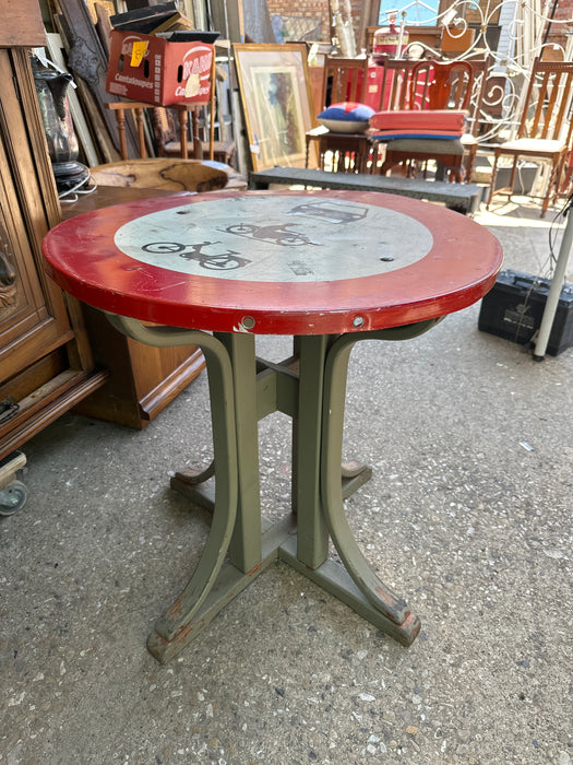 EUROPEAN INDUSTRIAL TABLE W/ ENAMEL ROAD SIGN TOP