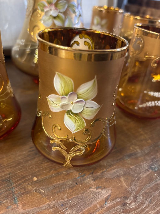 7 PIECE VINTAGE MURANO GLASS GOLD WITH FLORAL OVERLAY DECANTER SET WITH 6 GLASSES