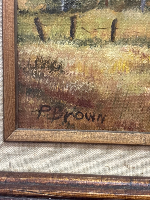 SMALL FRAMED COUNTRY LANDSCAPE OIL PAINTING WITH LINEN FILET - SIGNED P. BROWN