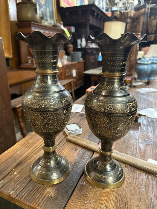 PAIR OF VINTAGE ETCHED BRASS VASES