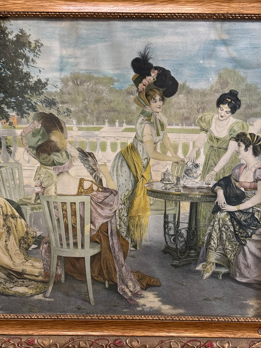 POLYCHROME PRINT OF LADIES SOCIALIZING WITH RED AND GOLD GESSO FRAME - AS FOUND