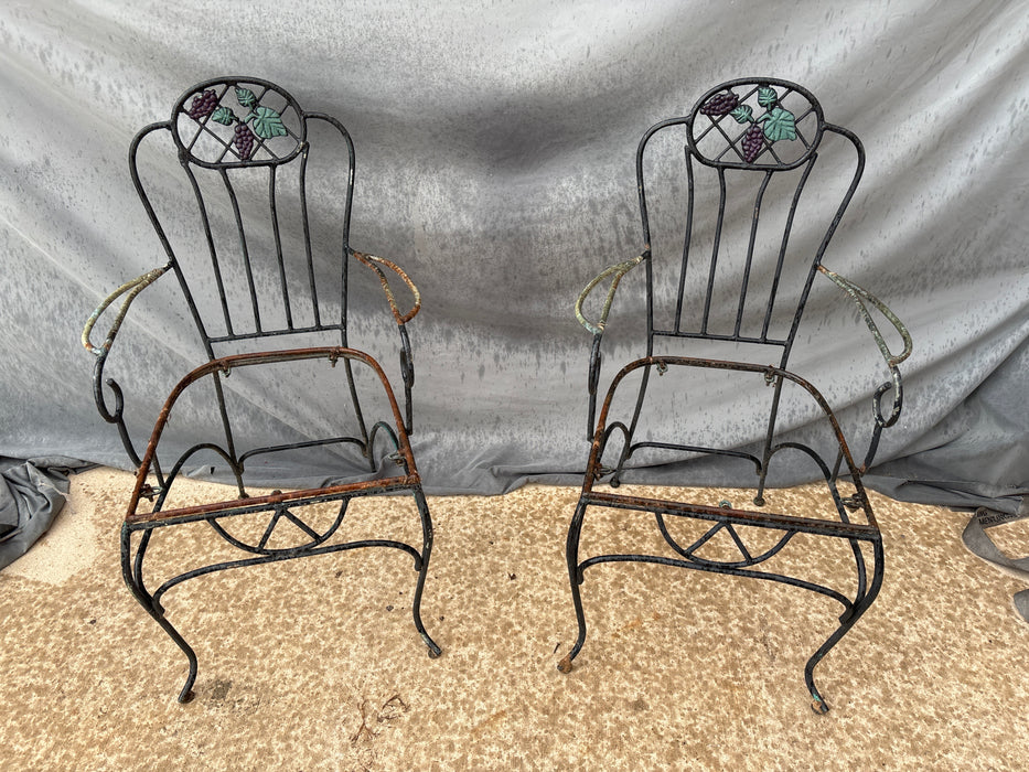 PAIR OF WROUGHT IRON ARM CHAIRS WITH GRAPE BACKS - NO SEATS