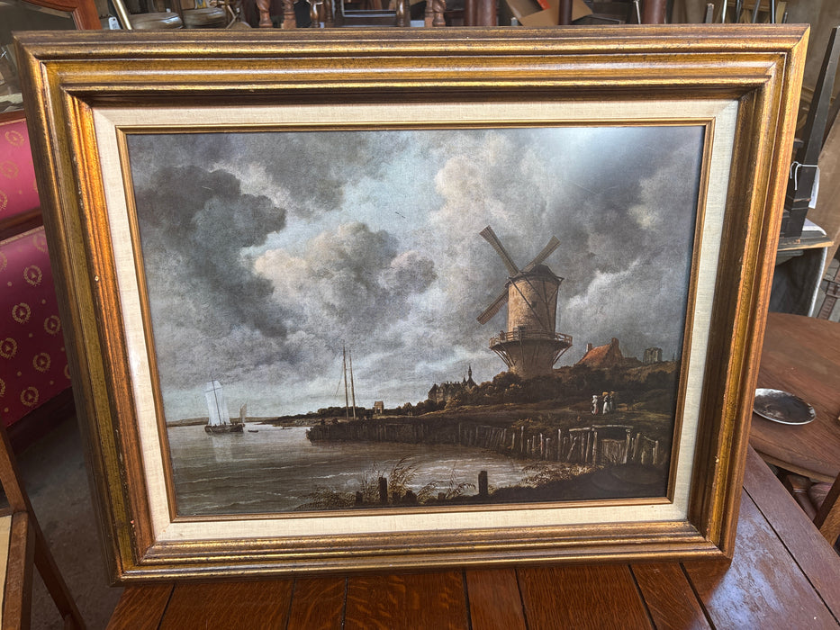 LARGE FRAMED PRINT OF WINDMILL ON BAY
