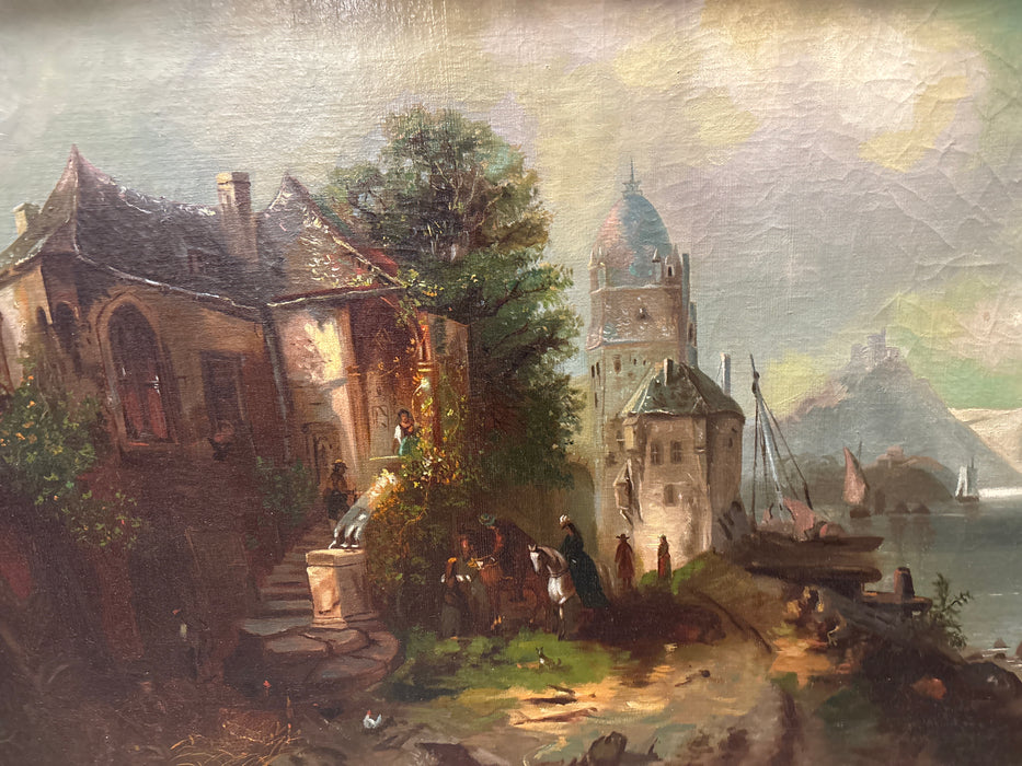 LARGE GILT FRAMED OIL PAINTING OF HOUSE ON MOUNTAIN SCAPE WITH NOBLES RIDING HORSES