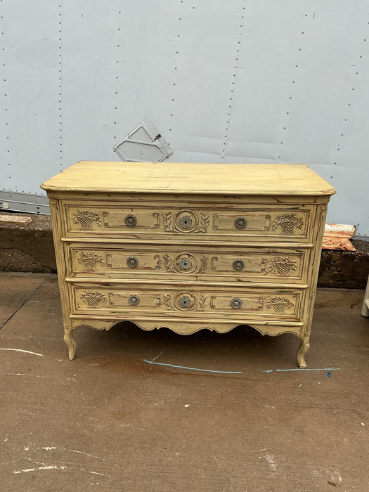 LOUIS XV PAINTED OAK 3 DRAWER CHEST - MAKERS MARK JOHN WIDDICOMB
