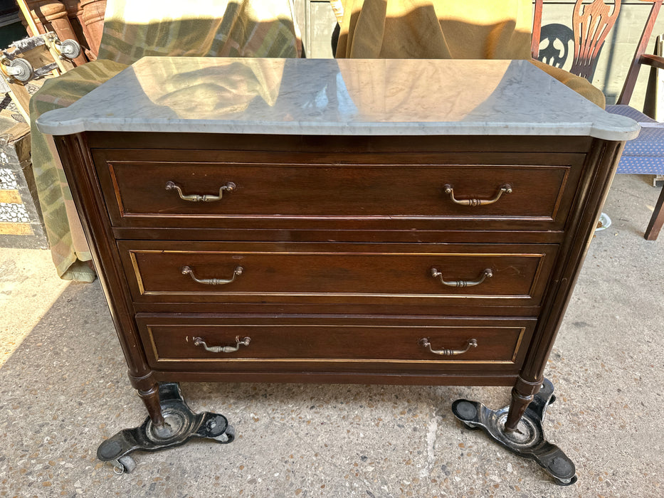 DARK MAHOGANY 3 DRAWER LOUIS XVI WHITE MABRLE TOP CHEST