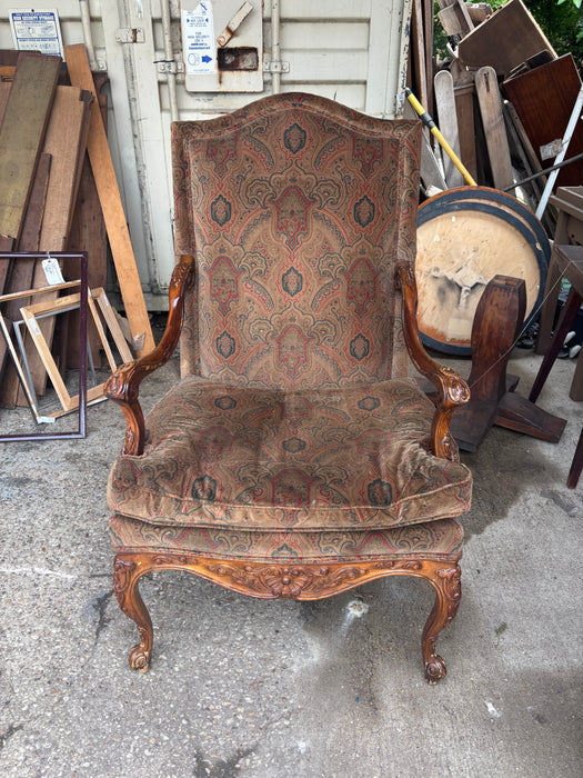 CARVED UPHOLSTERED ARM CHAIR - AS FOUND