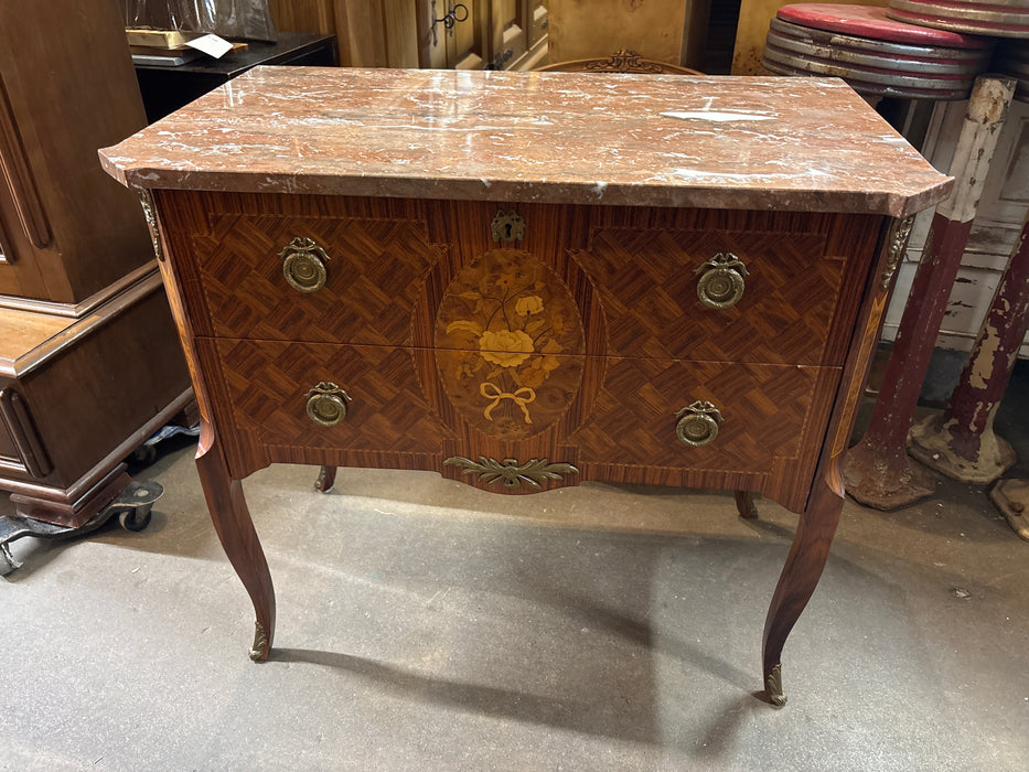 RED MARBLE TOP MARQUETRY CHEST OF DRAWERS