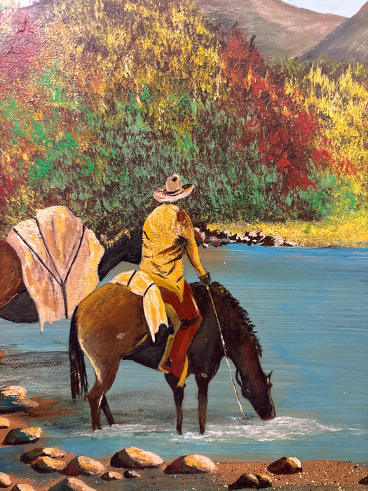 BROWN FRAMED MEDIUM WESTERN ACRYLIC PAINTING OF HORSES DRINKING WATER - SIGNED THEDA SCROGGINS