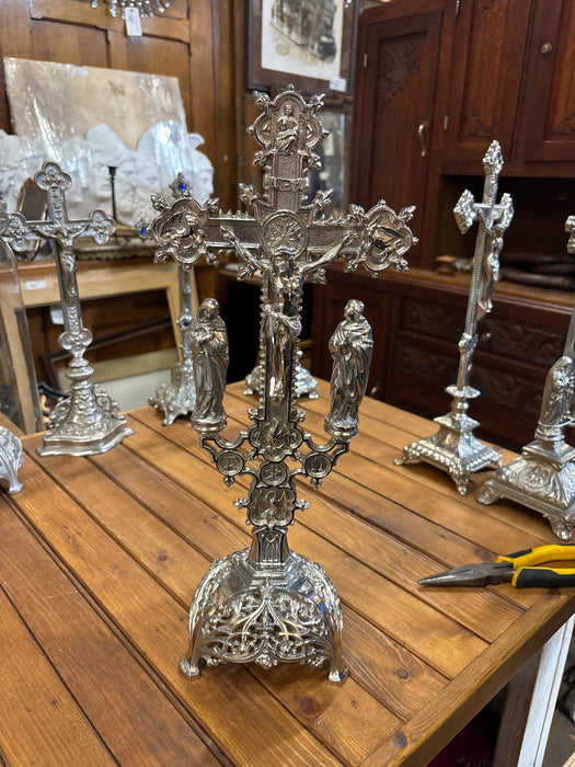 DOMED BASE METAL CRUCIFIX WITH MARY AND JOSEPH UNDER DOME