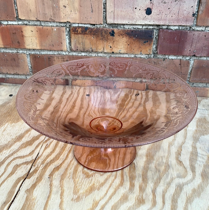 ETCHED PINK GLASS LARGE COMPOTE