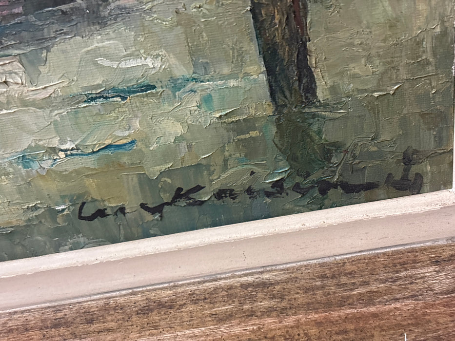 LARGE RUSTIC FRAMED MIDCENTURY OIL PAINTING OF SAILBOATS AT BAY - SIGNED LUC KAISEN