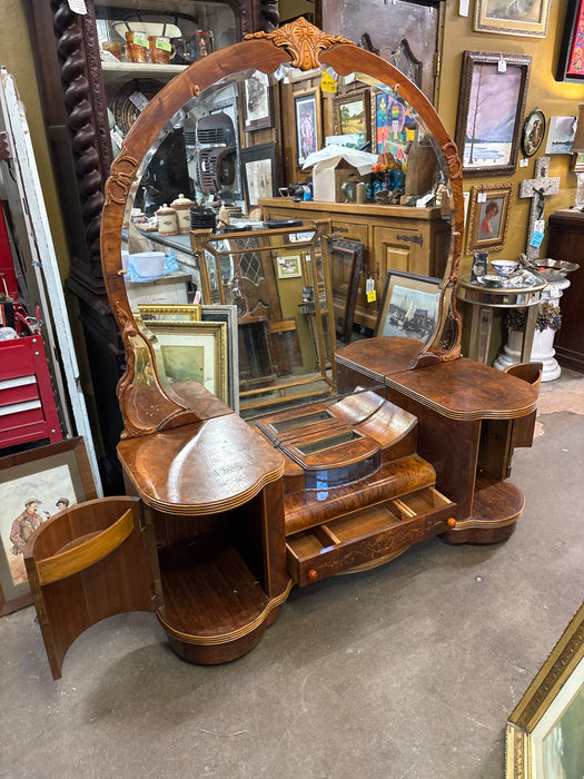LARGE ART DECO VANITY WITH LARGE MIRROR AND WATERFALL FRONT